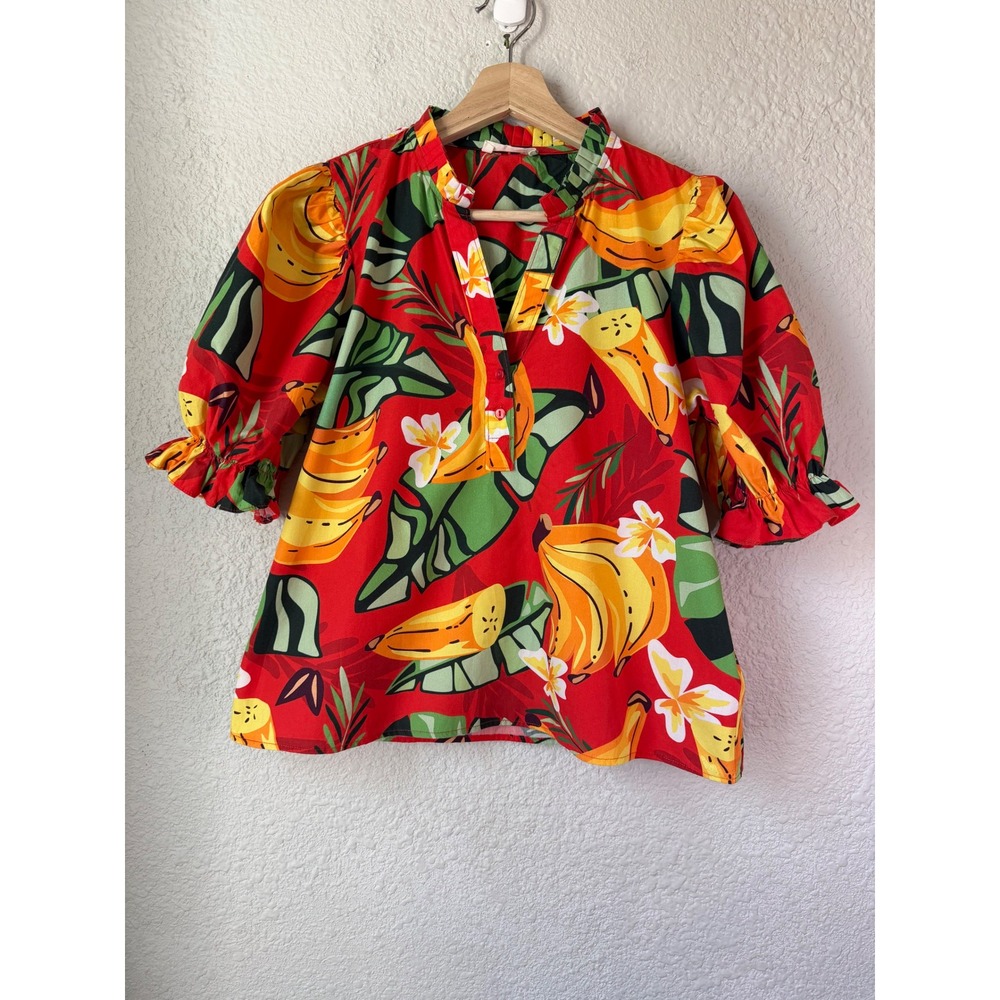 Maude Vivante Red Tropical Banana Print Puff Sleeve Cotton Blouse Top Medium